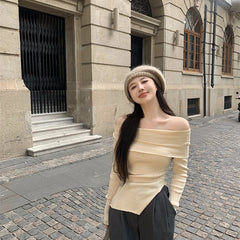 Hnewly Y2K Korean Women Pullover Sweet Knitted Slim Off Shoulder Long Sleeve Female Sweater Autumn New Irregulate Ladies Casual Jumpers