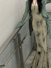 Hnewly New Chinese Style Halo Dyeing Slim Fit Camisole Dresses+ Y2k Ruffles Long Sleeve Green Cardigan Spring Two Piece Sets