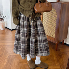 Hnewly Japanese Vintage Woolen Plaid Skirts Women Autumn Winter High Waist A Line Midi Skirts Woman Korean Loose Thick Long Skirts