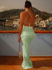 Hnewly Mesh See Through Shirring 2 Piece Set Women Irregular Ruffles Backless Tops+Long Skirts Vacation Beach Style Outfits