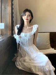 Hnewly Elegant 2000s Vintage Y2k Midi Dress Women Casual Retro Beach Style Short Sleeve Dress Even Party Chic One Piece Dress Korean