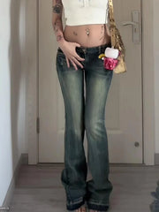 Hnewly Woman American Style Jeans Aesthetics Denim Kpop Pants Gyaru Trousers High Street Bell Pockets Bottoms Zipper Low Waist