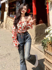 Hnewly Summer French Vintage Vest Office Lady Y2k Crop Top Women Design Casual Sexy V-Neck Sexy Floral Blouse Outwear Korean