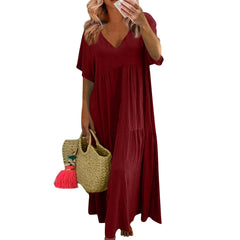 Hnewly Summer Soft and Comfy Fashion V-neck Solid Color Large Size Loose Long Large Swing Short-sleeved Dress Basic Versatile Clothes