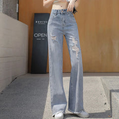Hnewly Korean Solid High Waist Ripped Women Jeans Fashion Casual Straight Ladies Denim Pants All Match New Pockets Female Pants