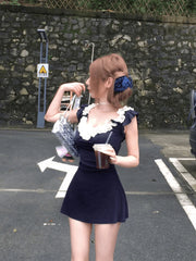 Hnewly 2000s Vintage Lace Patchwork Mini Dress Women Sexy Bow Lace-up Sleeveless Dress One Piece Korean Fashion Clothing Summer 2024