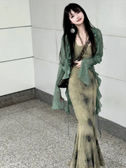 Hnewly New Chinese Style Halo Dyeing Slim Fit Camisole Dresses+ Y2k Ruffles Long Sleeve Green Cardigan Spring Two Piece Sets