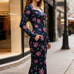 Hnewly Flower Print Slim Commuter Dress Spring Summer Women Square Neck Long Sleeved Party Dress New Fashion High Waisted Maxi Dresses