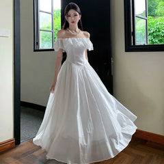 Hnewly White Summer New Long Waist-Cinching Square-Necked Gown with Flyaway Sleeve One-Shoulder A- Line Skirt Dress for Women