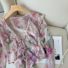 Hnewly Frenched Ruffled Deep V Neck Floral Printed Short Blouses Flared Long Sleeve Mesh Sheer Lace Up Elegant Women Summer Tops Shirts