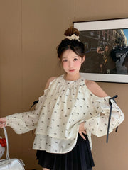 Hnewly Sweet Off Shoulder Shirt Women Long Sleeve Bow Print Loose Blouse Korean Fashion Hollow Out Elegant Female Chic Spring Tops