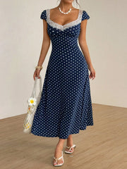 Lunivop Navy Blue Polka Dot Lace Trim V-Neck Puff Sleeve A-Line Midi Dress