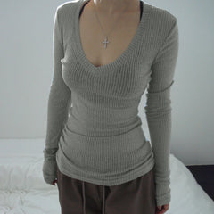 Hnewly Slim-fitting Knitted Crop Top Solid Micro-transparent T-shirt Smock Women Sexy Full Sleeve V-neck Tees Shirts Y2k Vintage