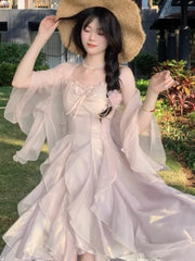 Hnewly Women Trendy Two Ruffle Asymmetrical Fairy Sweet Dresses Sexy V Neck Spaghetti Strap Chic Party Dress Korean Sweet Summer New