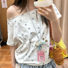 Hnewly Skew Collar Off Shoulder Short Sleeve T-shirts Vintage Embroidery White Top for Women Summer New All-match Tee Shirt