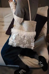 Hnewly Luxury White Tweed Open Tote Bag Ostrich Feather Trim Large Sequin Patchwork Handbag Wedding Bridal Gift Party
