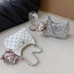 Hnewly Vintage White Y2k Underarm Bagwomen New Trendy Beading Chain Leather Shoulder Bags Female Retro Casual Crossbody Bags New