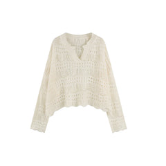 Hnewly Sheer Pointelle Knit Sweater for Women Long Sleeve V-Neck Crop Knit Top Pullover Teen-girl Spring Autumn Y2K Outfit