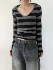 Hnewly Black Dark Gray Stripe Hooded T-Shirt Women V Neck Slim Long Sleeve Basic Spring Autumn Ribbed Top Preppy Streetwear Tee