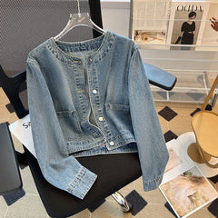 Hnewly Light Blue Retro Denim Jacket Women's Spring Single Breasted Loose Cardigan Short Top Autumn O-Neck Long Sleeve All-Matched Top