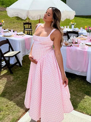 Hnewly Maternity Photography Gingham Dresses Sleeveless Strap Pregnancy Photoshoot Outfit Gender Reveal Dress Elegant Maternity Gown