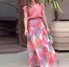 Hnewly Two Piece Set of Sleeveless Top with Waist Cinching and Fashionable Printed Skirt for Women Elegant Style Skirt Set