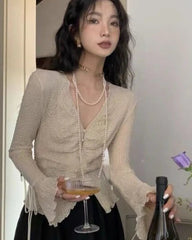 Hnewly Shirts Women Lace-up Sexy Temper Korean Style Simple Personality All-match Leisure New Slim Ladies Spring Delicate Popular Chic