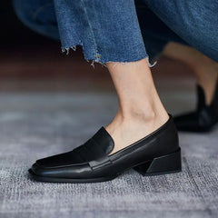 Hnewly Shoes for Woman Low Heel Elegant Women's Summer Footwear Black Loafers Normal Leather Casual Square Toe with Discount Chic