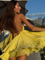 Hnewly Backless Patchwork Dress Women Sexy Cross Lace-Up Sleeveless Deep V-Neck Solid Tierred Midnight Club Mini Bodycon