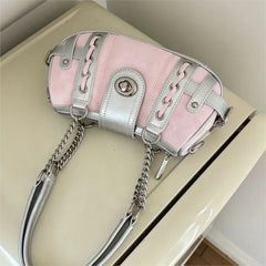 Hnewly Hot Girls Pink Shoulder Bags Women Versatile Large Capacity Y2k Handbag Ladies Harajuku Aesthetic Patchwork Chain Underarm Bag
