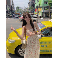 Hnewly Elegant Vintage Floral Midi Dress Women Beach Style Strap Dress Even Party Korean Fashion Clothing Y2k 2000s Bodycon Slim Summer