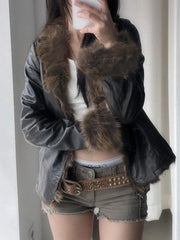 Hnewly winter club outfits Autumn New Clothes Women’s Leather Coat Long Sleeve Spliced Faux Trim Button Slim Fit Chic Coat