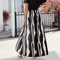 Hnewly Women's Short Sleeve Jumpsuit Slit Dress Printed V-Neck Pleated Cinched Waist Maxi Dress for Outing Vacation Casual