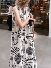 Hnewly Korean Style Printed A-Line Vest Dress Loose Women's Summer New Arrival Casual Comfortable Mid-Weight Non-Stretchy Dress
