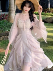 Hnewly Women Trendy Two Ruffle Asymmetrical Fairy Sweet Dresses Sexy V Neck Spaghetti Strap Chic Party Dress Korean Sweet Summer New