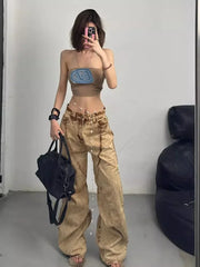 Hnewly Women's Street Style Retro Brown Unisex Jeans Vintage Fashion Cool Girl Bottoms Female High Waist Straight Cargo Trousers