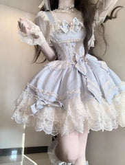 Hnewly Harajuku Sweet Bow Lace Cake Dress Women Japanese Kawaii Sleeveless Princess Ballet Dresses Aesthetic Elegant Y2k Slim Clothing