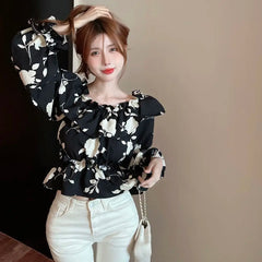 Hnewly Blouses Women New Arrival Spring French Style Slash Neck Ruffles Floral All-match Ladies Sexy Sweet Ins College Skinny Clothing
