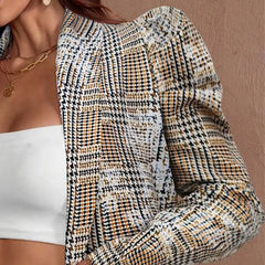 Hnewly Tinaa Vintage Plaid Puff Shoulder Blazer Jackets for Women Spring Autumn Printed Long Sleeve Business Casual Outerwear