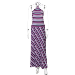 Hnewly Women Striped Halter Slim Fit Maxi Dress Elegant Off-shoulder Backless High Waist Dresses Lady Daily Commute Street Wears