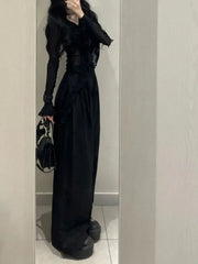 Hnewly 2025 spring fashion trend Fashion V-neck Ruffles Black Long Sleeve Cardigan Mujer+ Y2k High Waist Loose Wide Leg Pants Summer New Two Piece Sets