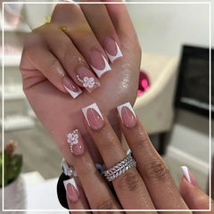 Hnewly 24pcs Short Square Head French Ballet Nails White Edge Flower Fake Nails with Glue Wearable Full Cover Press on Nails Tip Art