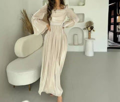 Hnewly French Retro Style for Women Summer A-Line Skirt New Fashion Square Neck Elegant Long Sleeved Pleated High Waist Long Dress