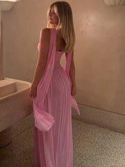 Hnewly Mesh Patchwork Maxi Dress Women Solid Scarf+Sexy Backless Strapless Ruffles Midnight Banquet Party Elegant Outfits