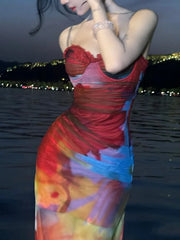 Hnewly Colorful Print Maxi Dress Patchwork Lace Mesh Low-Neck Sleeveless Backless Summer Trend Vacation Clubwear Vestidos