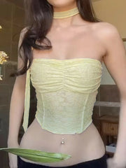 Hnewly Fashion Lace Spliced Slim Fit Women Sexy Strap Tops Summer Sheer Chic Ruched Backless Trendy Tank