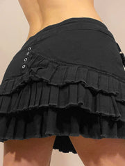 Hnewly rave inspo outfits Punk Gothic Black Eyelet Ribbon Denim Skirt Women Low Waist Asymmetrical Tiered Pleated Short Jean Skirts Y2K