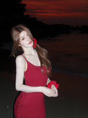 Hnewly Sexy Backless Red Strapless Dress Women French Elegant Pure Color Bodycon Beach Dress Outwear Evening Party Clothing Korean Y2k