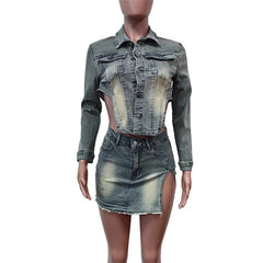 Hnewly Women Vintage Denim 2 Piece Sets Long Sleeve Short Jackets Female Casual Suits Side Split Hem Ultra-short Skirt Trend Streetwear