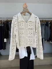 Hnewly Embellished Crochet Cardigan for Women Long Sleeves Button-up Polo Collar Openwork Knitted Jacket Boho Chic Vacation Outfit